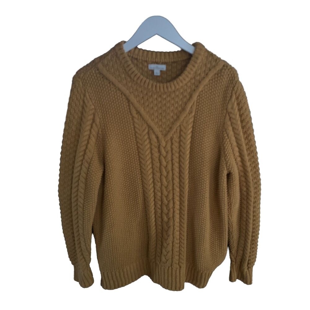 LL Bean Signature Mustard Gold Cable Knit Pullover Sweater Size Large - Picture 4 of 5